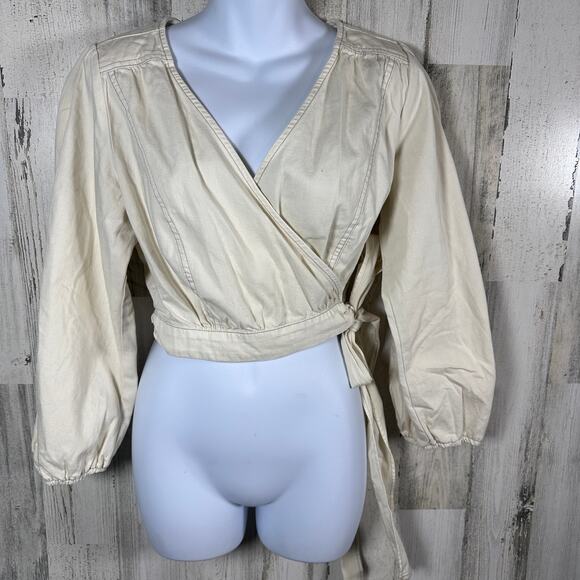 Free People Cotton Denim Wrap Shirt – Cream Long Sleeve Blouse – S - MSRP $128 - Picture 1 of 10
